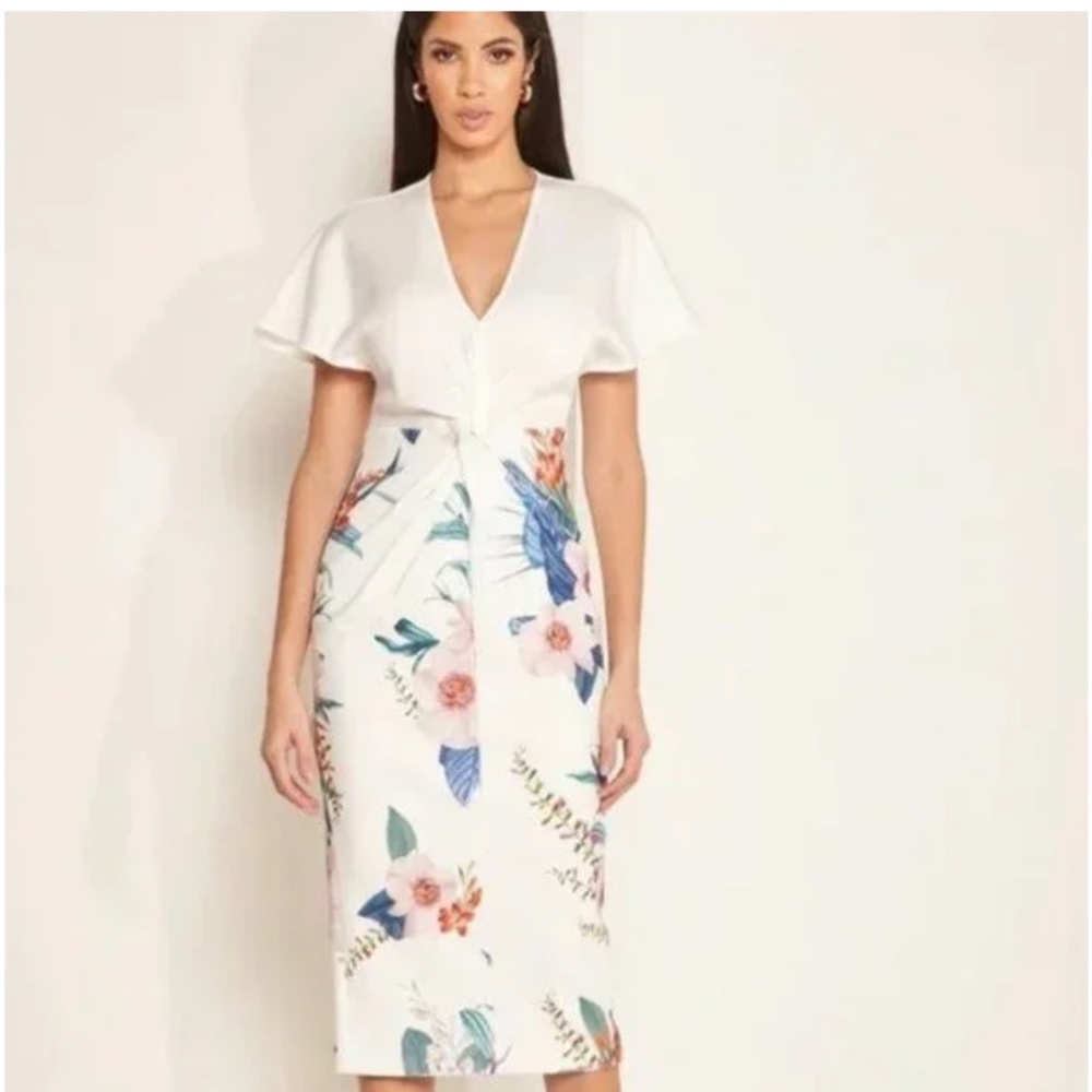 Ted Baker Nerris Floral Twist Fron V Neck Flutter Sleeve Midi Sheath Dress